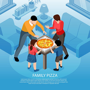 吃披萨的人等距街道食品背景与室内家庭风景家庭成员的特点与比萨饼盒矢量插图插画
