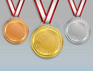 金属符号奖牌逼真的图像,金银铜牌的比赛获奖者与丝带矢量插图插画