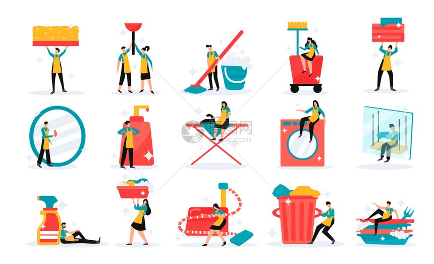 专业的家庭工业清洁服务队工具洗涤剂职责平趣的图标矢量插图图片