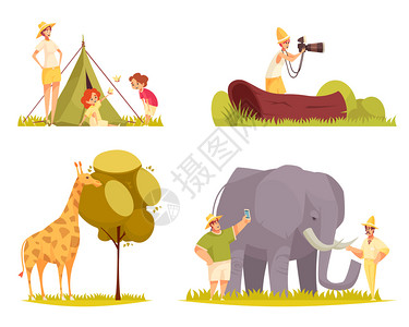 包边照片素材狩猎旅行4平趣的构图与长颈鹿吃树树叶家庭外帐篷矢量插图插画