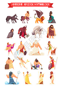希腊众神英雄神话中的生物卡通集与宙斯波塞冬半人马格里芬矢量插图背景图片