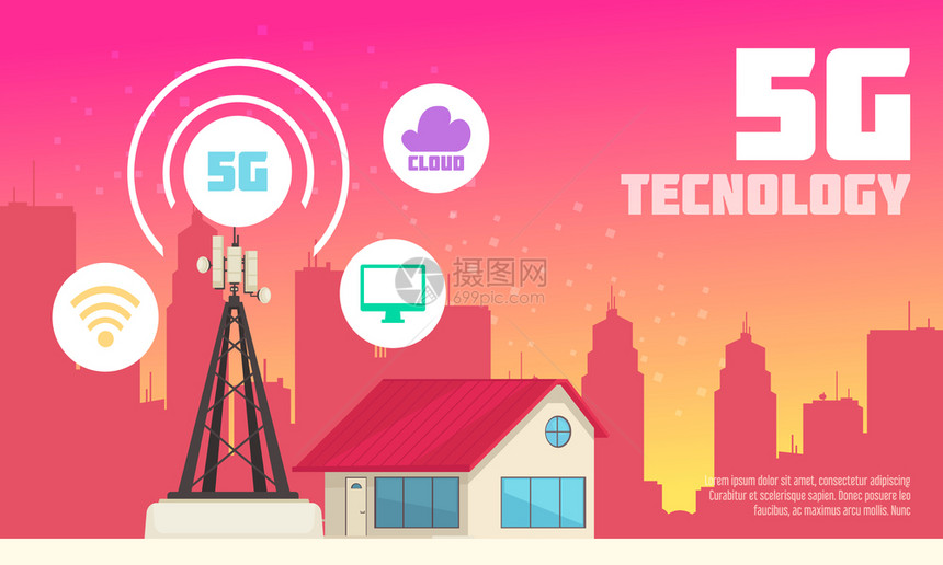 无线5G互联网技术平背景与网页通信图标城市环境矢量插图图片