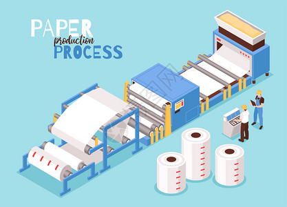 伍兹月纸张制造木浆自动操作员控制过程干燥片成型机械等距成矢量图插画