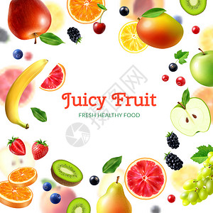 水果浆果背景与现实的香蕉蔓越莓,苹果橙,草莓,芒果,猕猴桃矢量插图图片