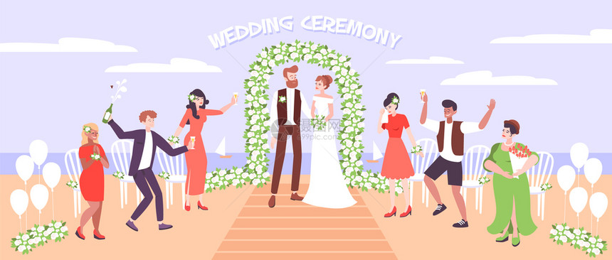 婚礼仪式海边,新婚夫妇婚礼弧下装饰鲜花矢量插图图片