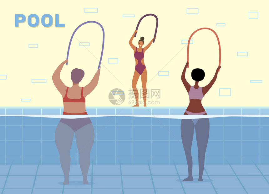 两名妇女游泳池培训,女教练平矢量插图图片