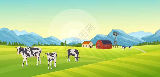 山农场农场夏季景观成与户外风景奶牛与农业建筑,山脉风车矢量插图插画