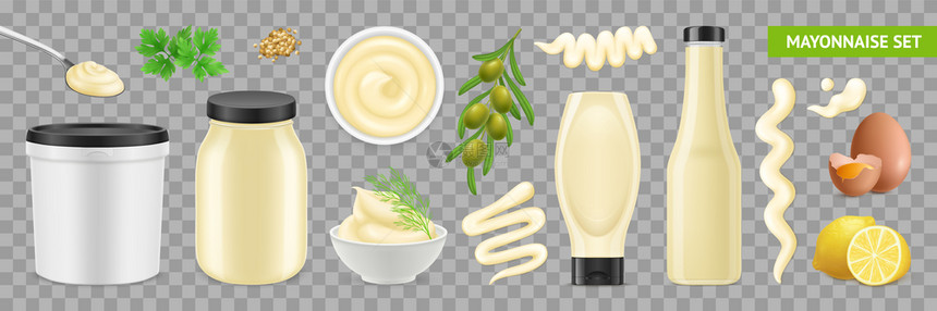 真实的蛋黄酱与隔离的图像成分包装营养植物透明的背景矢量插图图片