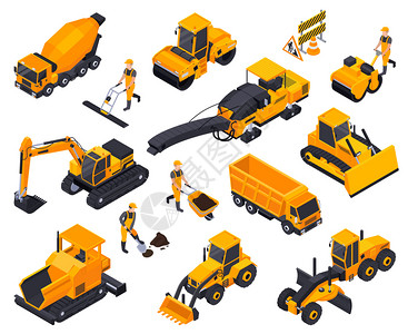 道路建设等距图标同的黄色推土机汽车机器矢量插图图片素材
