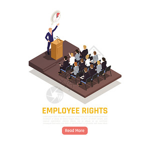 工会活动家会议上向公司员工发表关于他们的权利保护等距成向量插图的演讲插画