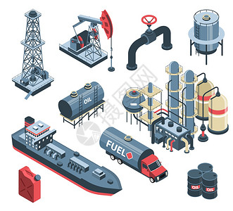 套等距石油工业与工厂设施储存单位矢量插图的孤立图像图片