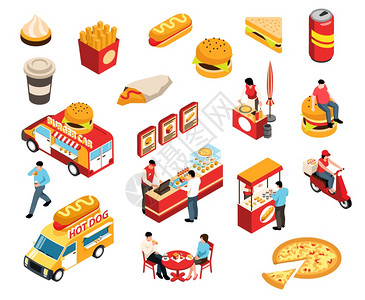 吃披萨的人等距街道食品集与快餐产品,饮料,卡车人矢量插图的孤立图标插画