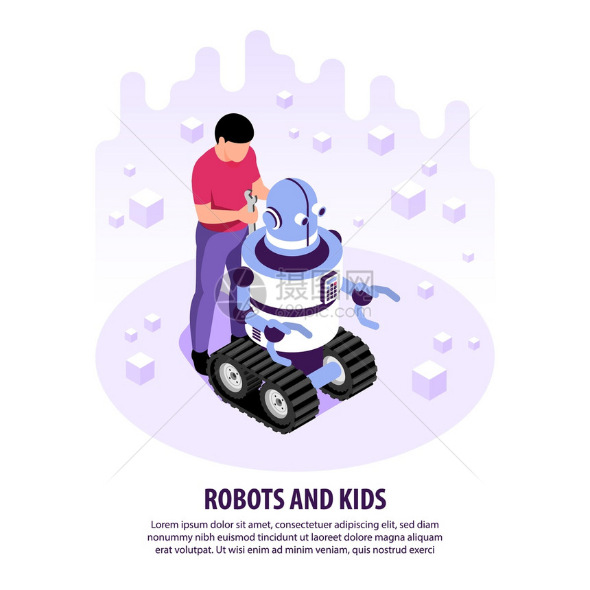 等距机器人儿童背景与人的十几岁男孩修复机器人爬虫与可编辑文本矢量插图图片