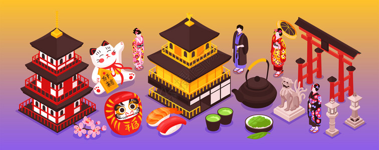 寿司之神等距日本旅行窄构图与传统人物纪念品建筑物的梯度背景矢量插图插画