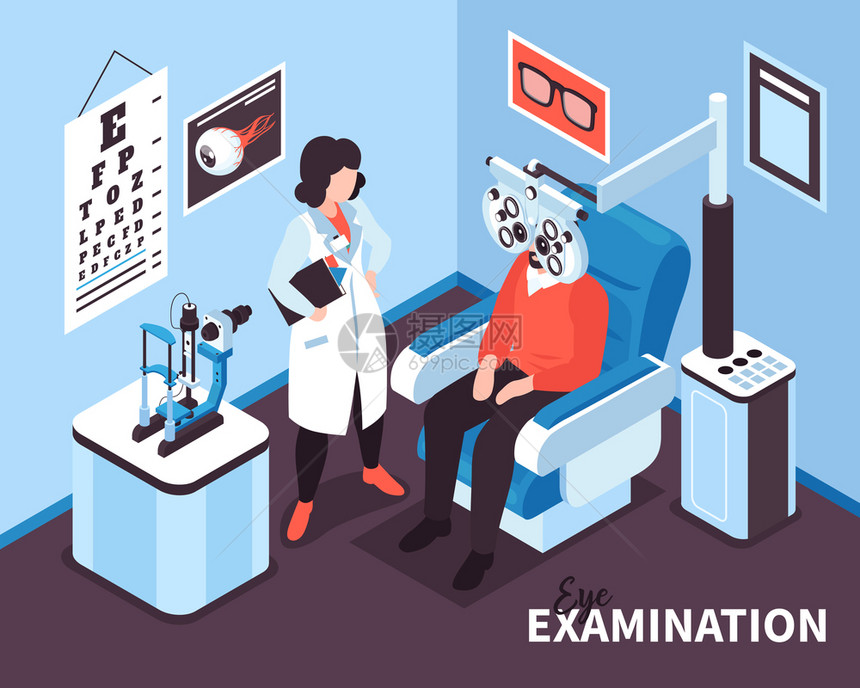 等距眼科成与文本室内视图的医生办公室与医疗器械人类字符矢量插图图片