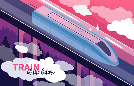 未来安全清洁运输技术的高速铁路等距海报与高架快速列车矢量图图片