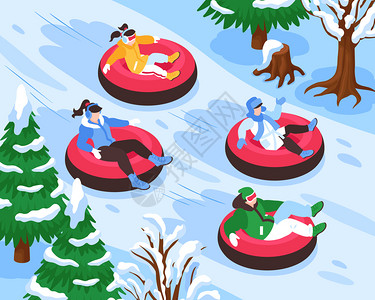 寒假度假胜地户外活动为大家等距构图与雪管公园趣的矢量插图背景图片