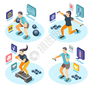 氧活动等距与力量训练球练健身重量提升运动应用程序符号矢量插图图片
