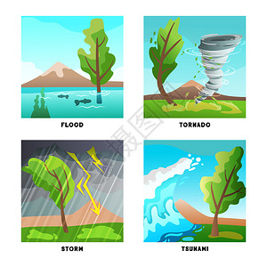 自然灾害4平合风暴洪水龙卷风海啸波孤立矢量插图图片