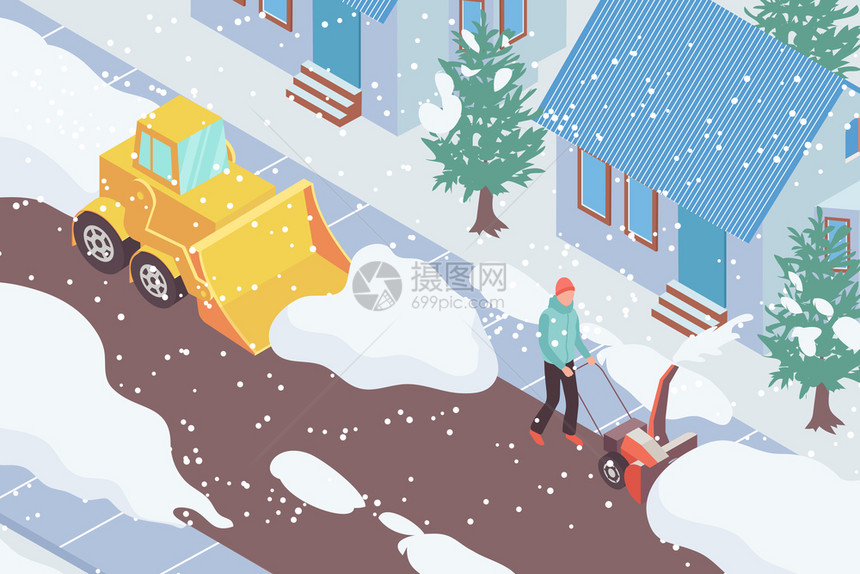 除雪车辆男子清理道路前的房子三维等距矢量插图图片