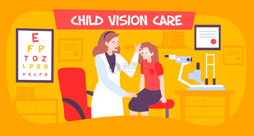 眼科医生办公室的眼睛护理儿童平构图与十几岁女孩的格,家具剪影矢量插图图片