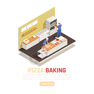 综合服务区比萨饼店烘焙服务区等距成与滚动添加配料烤箱矢量插图插画