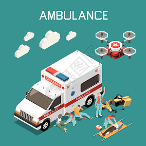 救护车医疗无人机医生为受伤人员提供急救的三维等距矢量插图急救等距插图图片
