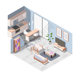 室内设计工作室等距彩色室内家具成配备工作室公寓与木制家具矢量插图室内家具等距成插画