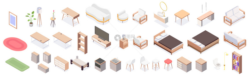 隔离等距家具图标与木制扶手椅桌柜工作床其他家具元素矢量插图隔离等距家具图标集图片