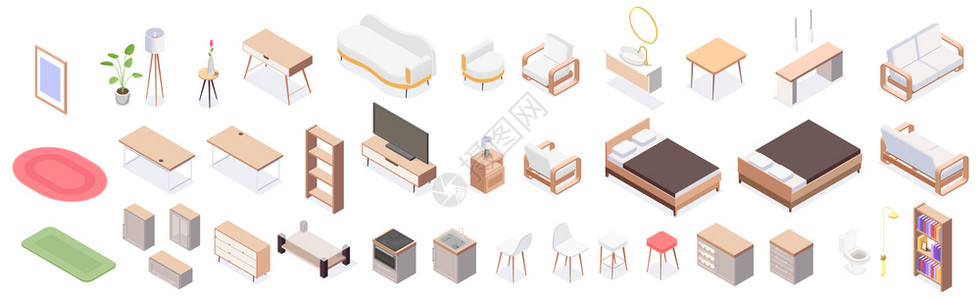 隔离等距家具图标与木制扶手椅桌柜工作床其他家具元素矢量插图隔离等距家具图标集背景图片