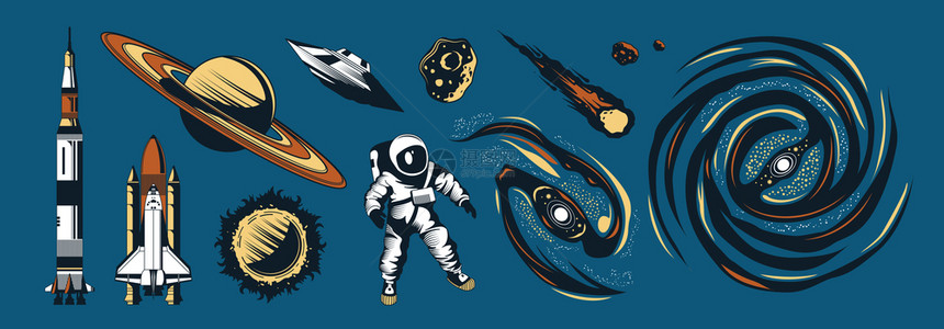 彩色手绘套宇航员宇航服宇宙飞船火箭彗星行星上蓝色背景矢量插图图片
