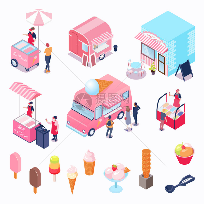 等距图标与各种冰淇淋卡车供应商咖啡厅独家客户隔离白色背景三维矢量插图图片