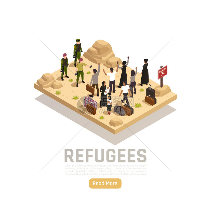 难民等距矢量插图与方会议的群人逃离战争,需要帮助图片