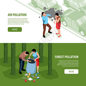 汽车与环境污染两个水平等距环境污染横幅与按钮文本图像与人类字符矢量插图插画