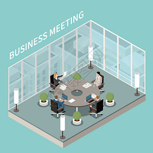 公司商务办公室会议室内部等距成与圆桌讨论璃墙矢量插图背景图片