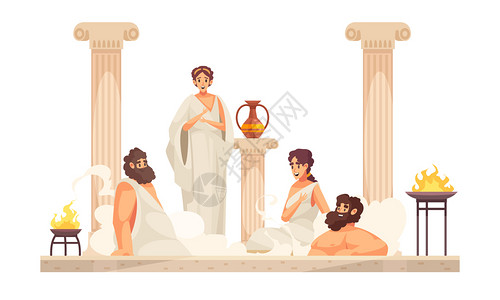 古罗马人穿着白色长袍坐热浴卡通矢量插图背景图片
