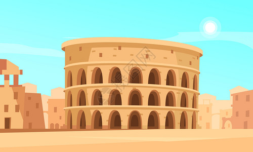 建筑论坛卡通背景与罗马竞技场古建筑矢量插图插画