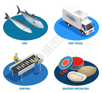 海鲜冰冻鱼业海鲜生产等距套圆形合物与鱼类送货卡车现成产品矢量插图插画