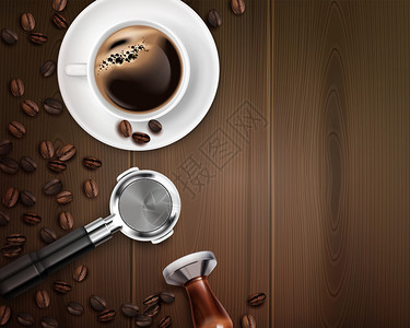 咖啡磨豆机逼真的背景与咖啡师设备杯咖啡木制桌子矢量插图插画