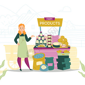 农产品销售天然产品销售商成与户外摊位充满农产品女特征的辅助矢量插图插画