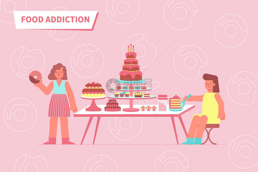 食物成瘾的爱情作文与文字平图像的桌子充满糖果与人的矢量插图图片