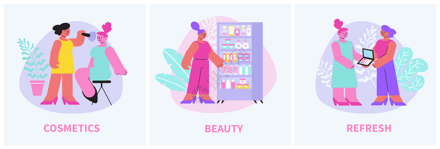 化妆品集三个方形作文与文字涂鸦风格的女人物与美容产品矢量插图背景图片