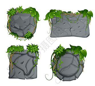 盖满灰色石材装饰花园元素与热带雨林叶片4卡通标志矢量插图插画