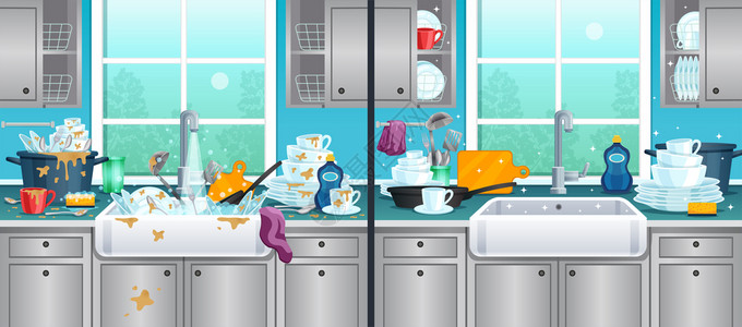 厨房洗涤肮脏干净的厨房背景与洗碗符号平矢量插图插画