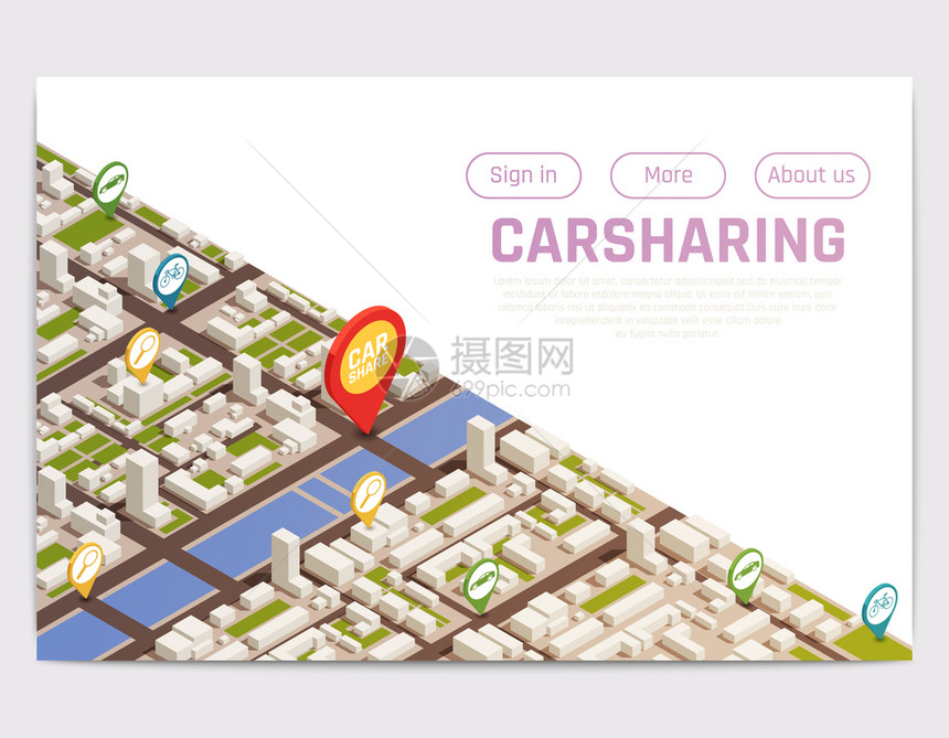 共享汽车拼车共享网站登陆页与等距城市位置标志与按钮矢量插图图片