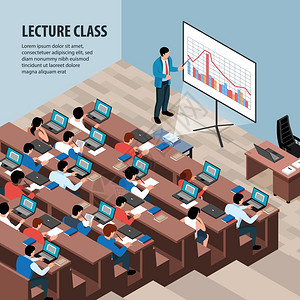 教授演讲等距教授讲座课程背景,可编辑文本教室的室内视图,桌行矢量插图插画