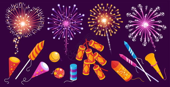 烟花火箭,鞭炮,孟加拉灯,烟球,闪耀着五颜六色的节日深紫背景矢量插图图片