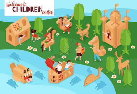 创意儿童中心游乐场纸板城堡船鲸玩具树环境广告邀请等距海报矢量插图图片