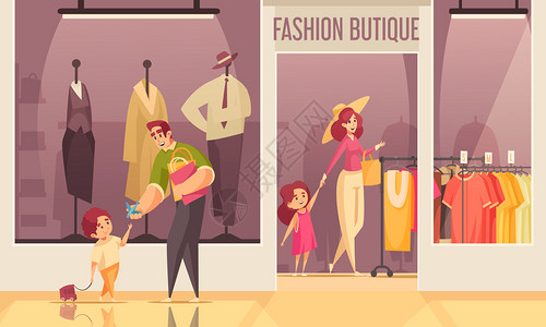 服装店射灯彩色购物服装店构图,人们走过的商店矢量插图插画