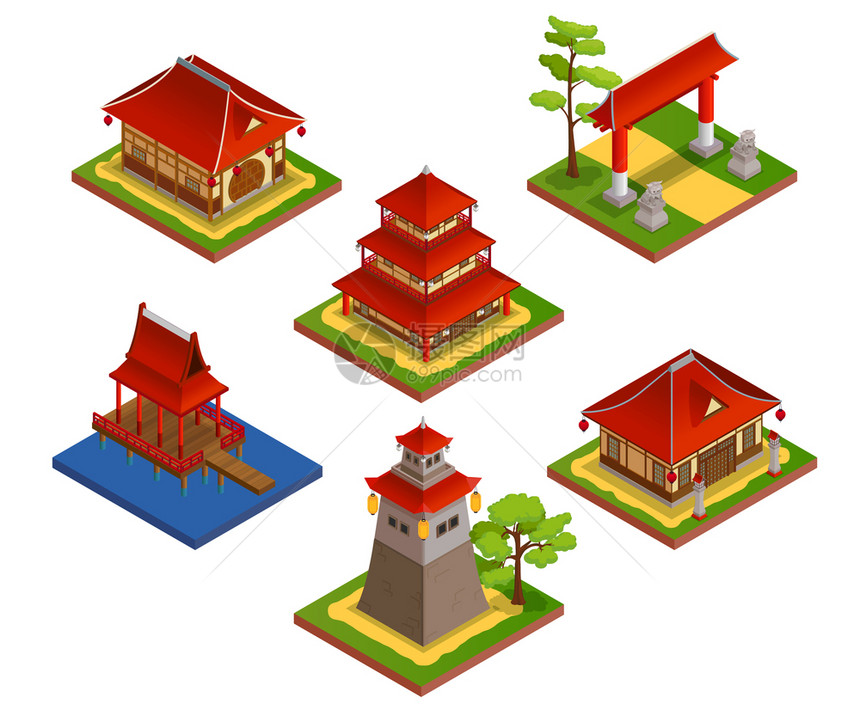 亚洲建筑等距与房屋桥梁孤立矢量插图图片